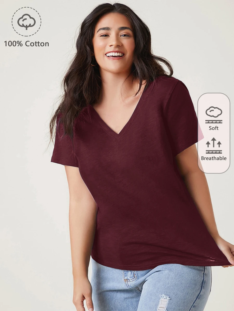 SHEIN BASICS 大尺碼女款純色V領休閒日常穿著T恤 - 酒紅色 - 查看 1