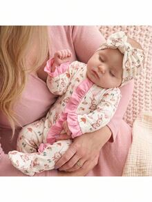 SHEIN Newborn Baby Cute Rabbit Print Ruffle Trim Romper Loungewear - Pink - View 10