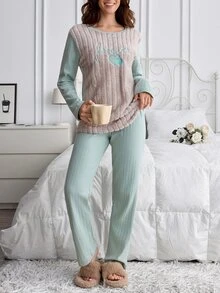 SHEIN Women 2 Pcs Slogan Embroidery Fuzzy Rib Knit Long Sleeve Long Pants Casual Winter Pajama Lounge Set - Multicolor - View 3