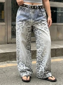Dazy Plus Leopard Print Full Body Floral Pattern Sexy Casual Streetwear Long Denim Jeans Autumn New Style - Light Wash - View 4