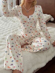CottageSlumber Women's Pastoral Fruit Print Lace Collar Long Sleeve Long Pants Pajama Set - Apricot - View 1