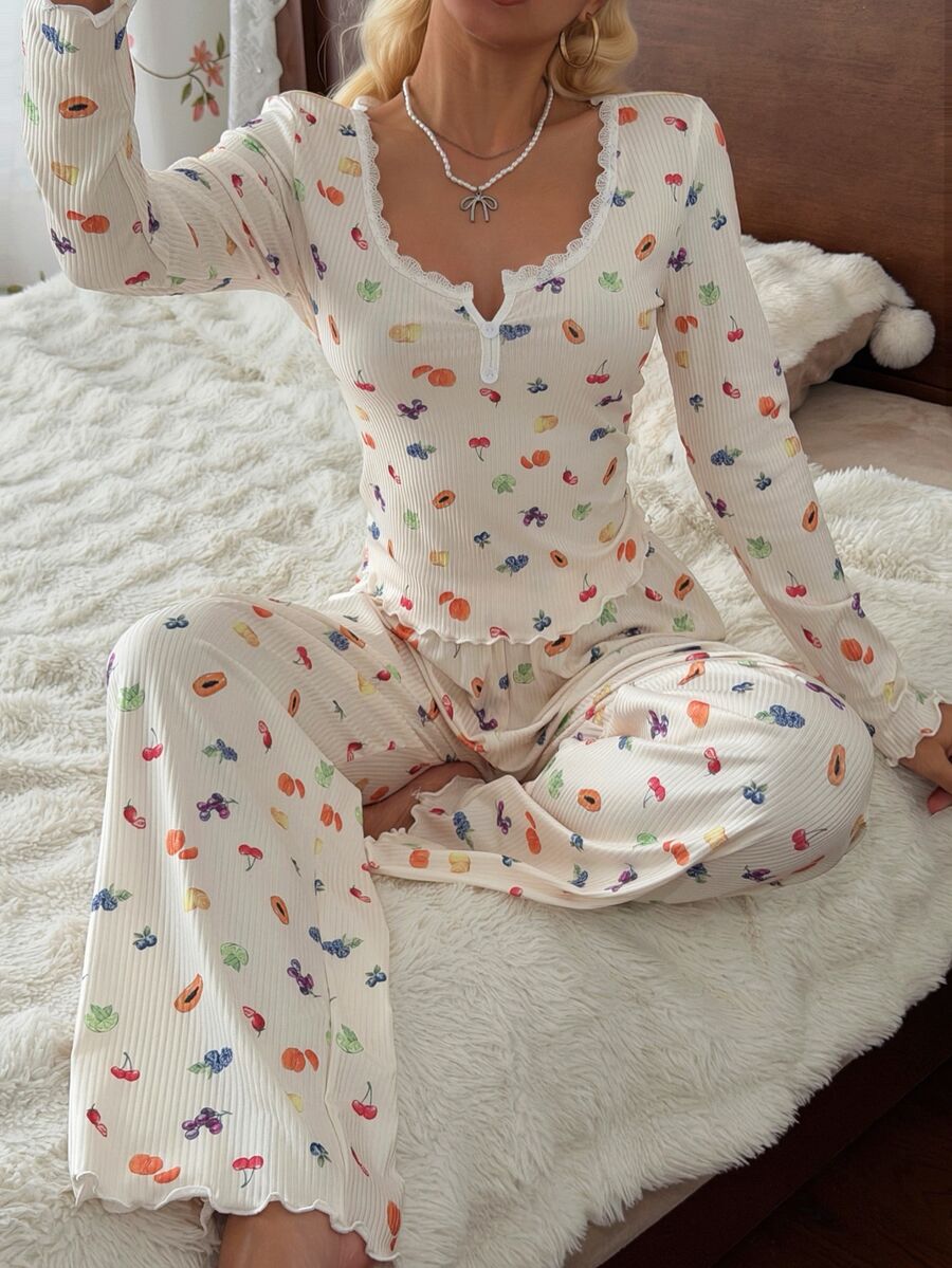 CottageSlumber Women's Pastoral Fruit Print Lace Collar Long Sleeve Long Pants Pajama Set - Apricot - View 1