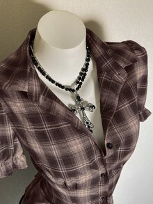 Attitoon 女款夏季休閒格紋花瓣袖襯衫 - 棕色 - 查看 3