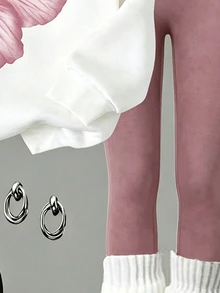 SHEIN 青少年女孩休閒連帽舒適長袖運動衫與內搭褲2件套，適合秋冬穿著 - 白色 - 查看 5