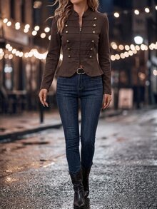 SHEIN Clasi 女款純色長袖拉鍊門襟鈕扣設計拿破崙夾克 辦公通勤 深棕色 秋季優雅 - 咖啡棕 - 查看 7