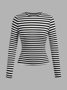 Comfortcana Plus Size Women 3pcs Set Round Neck Striped & Solid Color Casual Fitted Long Sleeve T-Shirt Fall - Multicolor - View 4
