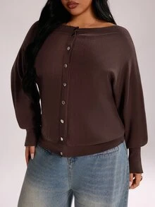 Rustia Plus Size Women's Solid Color Boat Neck Batwing Long Sleeve Single-Breasted Casual Knit Cardigan Winter - White - View 4