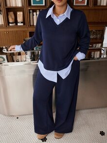 Muchica Navy Blue Plus-Size Women's Patchwork Striped Shirt Collar Two-In-One Autumn And Winter Casual Layered Sweatshirt And Pants Set - Navy Blue - View 3