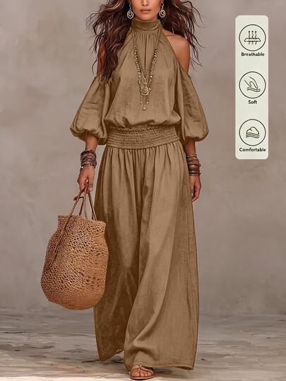 SHEIN Women's Autumn/Winter Minimalist Casual Daily Sexy Cold Shoulder Halter Neck Puff Sleeve Loose Top With Elastic Waist Wide Leg Pants, Vacation Beach Style 2-Piece Set, Women's Autumn/Winter Outfit, Women's Elegant 2-Piece Set, Women's Vacation 2-Piece Set