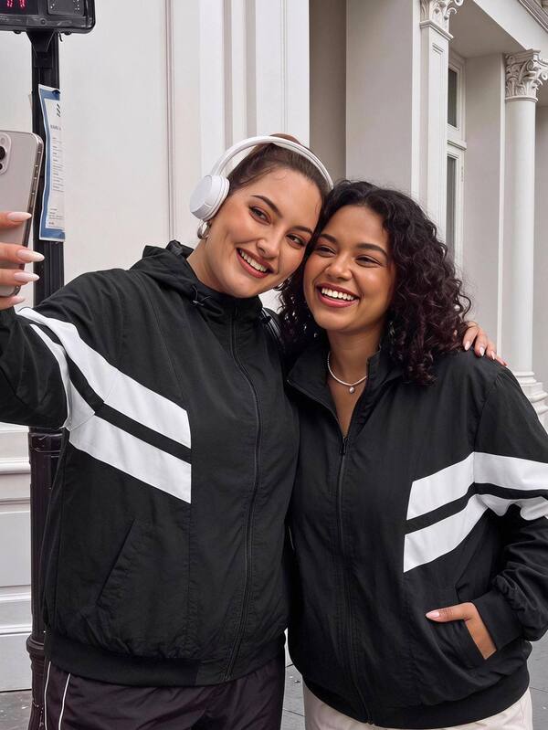 SHEIN CURVE+ جاكيت كاجوال مخطط بغطاء رأس للنساء بمقاسات كبيرة، بأسلوب كاجوال جامعي