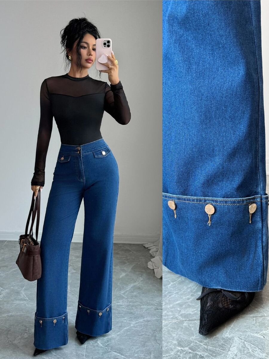 Elenzga Celana Jeans Denim Wanita Model Lebar, Longgar, Kasual, Serbaguna dengan Kantong - Dark Wash - View 1