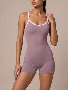 SHEIN BAE Women Lilac Spaghetti Strap Athletic Romper Gym Workout Training Running Yoga Sports Bodysuit - Baby Pink - View 1