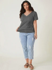 SHEIN BASICS 大尺碼女款純色V領短袖休閒百搭T恤 - 灰色 - 查看 3