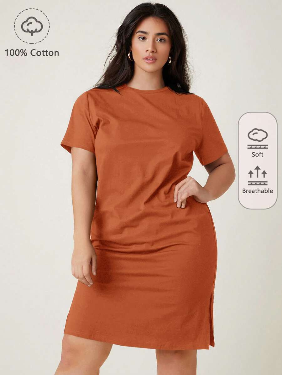 SHEIN BASICS 大尺碼女款夏季洋裝 優雅女款夏季穿搭洋裝 - 鏽棕色 - 查看 1