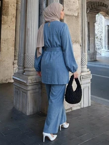 Dazy Plus Solid Color Casual Pullover Top With Tie Detail, Elegant & Versatile Commuter Long Pants, Spring/Autumn New 2-Piece Set - Blue - View 2