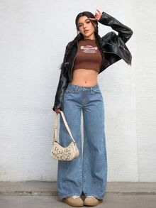Jeanoix Petite Y2K Women's Outdoor All-Season Commute Fashion Blue Wide Leg Jeans - Light Wash - View 3