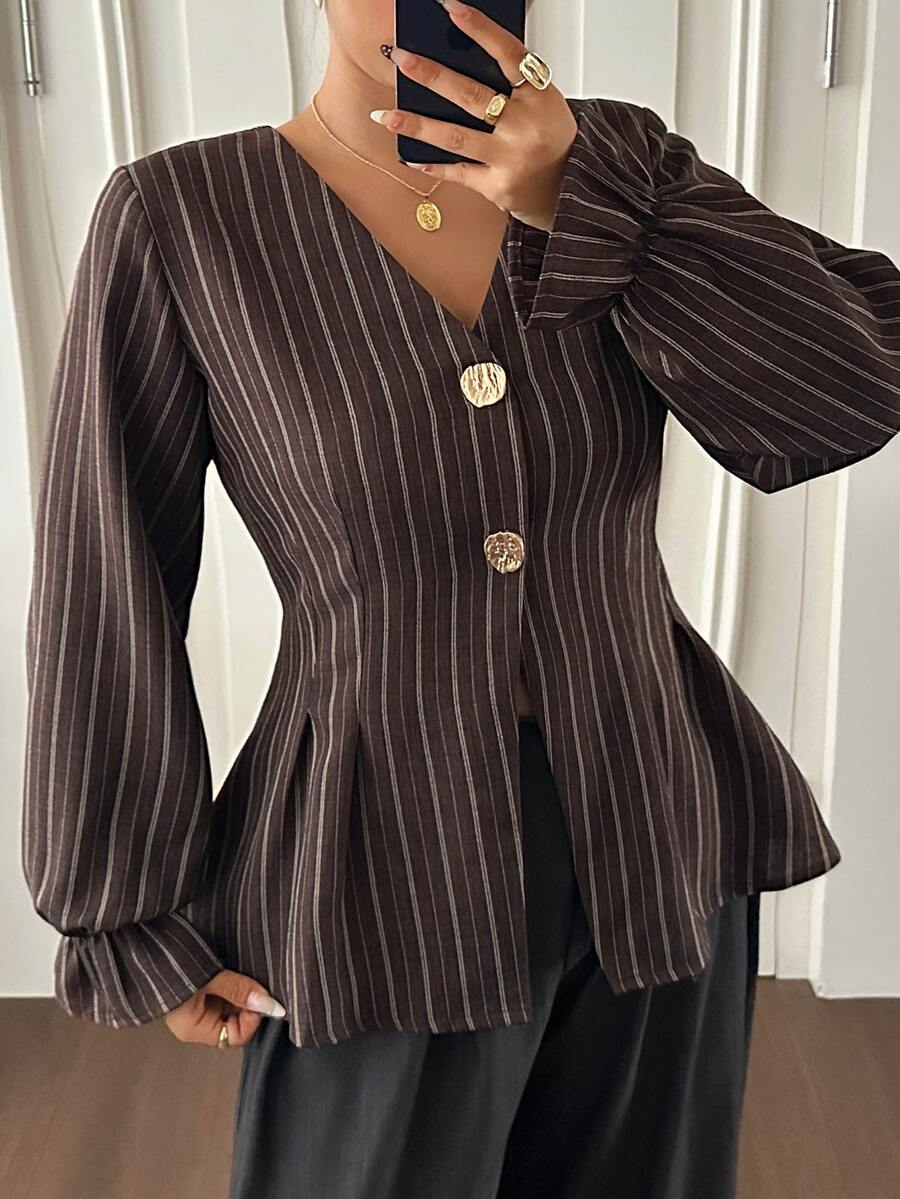Dazy Plus V-Neck Fitted Striped Bell Sleeve Blazer, Casual Chic Commuter Style, Spring/Autumn New Arrival - Brown - View 1