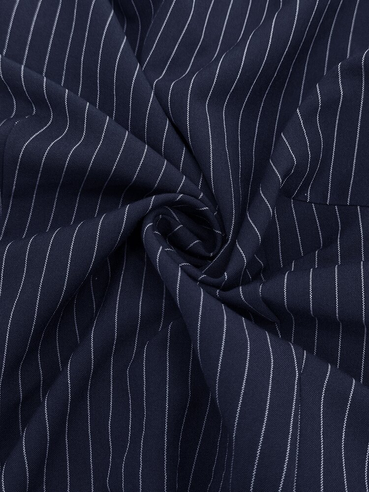 Elaquor Plus Size Autumn Casual Commute Striped Tie-Front Wrap Shirt - Navy Blue - View 8