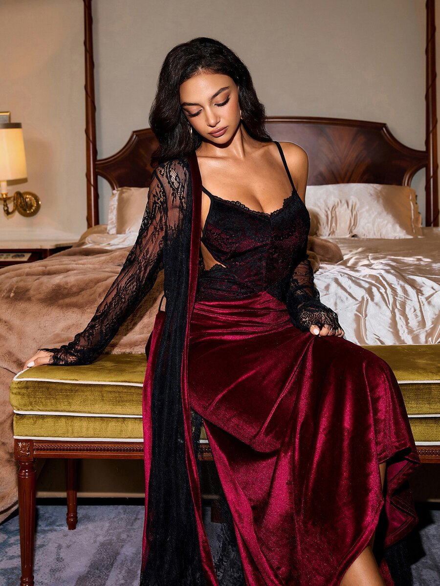 Slumberist Sexy Sheer Lace Black & Red Contrast Color Open Back Robe & Nightgown Sleepwear Set For Women - Burgundy - View 1