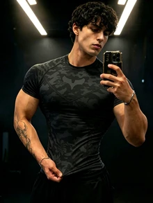 Gym Rark 男士插肩袖短袖蜘蛛印花運動T恤，附點線設計 - 黑色 - 查看 9