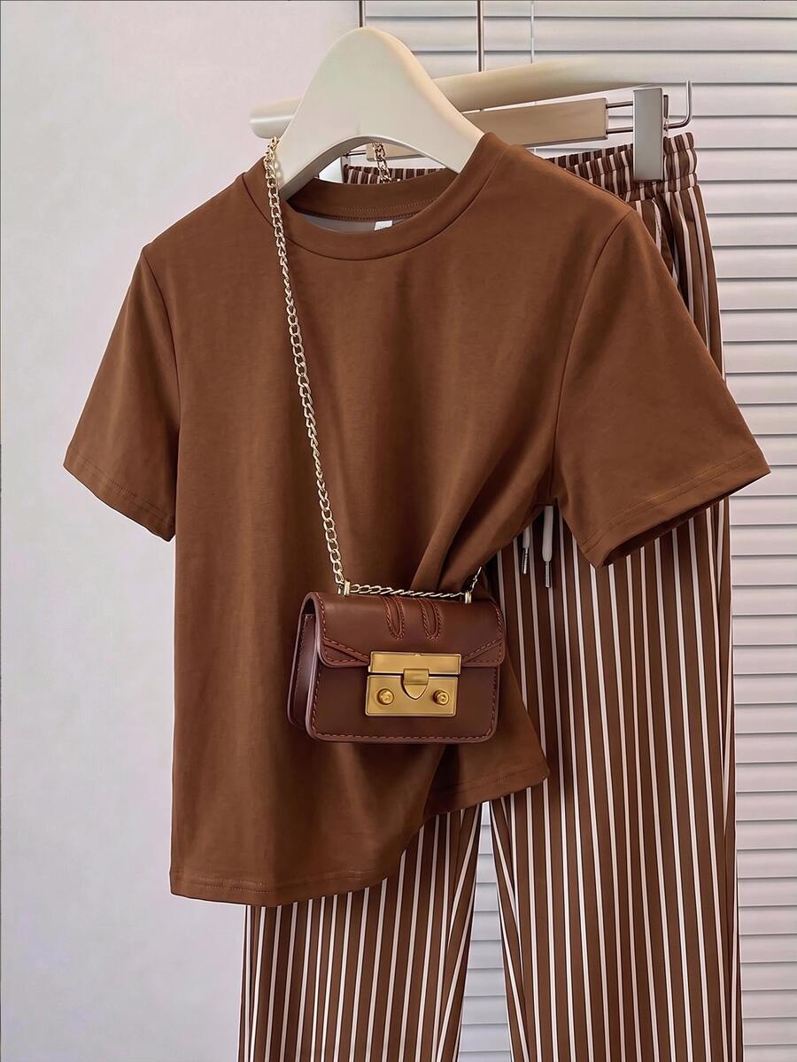 Muvela Women's Casual Round Neck Short Sleeve T-Shirt And Striped Long Pants 2 Pieces Set, 2026 Autumn/Winter, Casual, Y2K, Commute Outfit - Multicolor - View 1