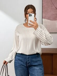 Lounesse Plus Size Women's Striped Design Fashion Round Neck Long Sleeve Blouse, Plus Size Design Fashion Commute Shirt, Apricot/White Striped Fabric Blouse - Apricot - View 6