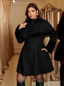 Reflora Plus Size Women Solid Color Patchwork Faux Fur Cape Overcoat Black Autumn Elegante - Black - View 3