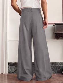 SWAVVY Men's Solid Color Pleated Wide Leg Loose Casual Versatile Long Pants - Grey - View 3