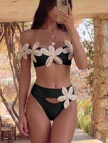 Bonvoyette Spring/Summer Girls Fashion Hot-Selling Viral Vacation Sexy Starfish & Pearl Decor Random Placement Two-Piece Bikini Set - Black - View 4