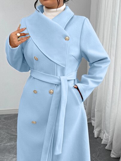 Elenzga Plus Size Women Solid Color Cowl Neck Tie Waist Double Breasted Long Sleeve Elegant Sophisticated Romantic Long Wool Coat Winter