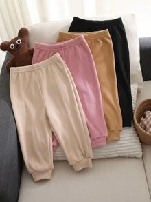 SHEIN 4件組可愛百搭休閒秋冬純色鬆緊腰女嬰長褲 - 彩色 - 查看 4