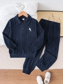 2pcs/Set Boys' Sweatshirt & Pants Set, Autumn/Winter New Knit Ribbed Ribbed Fabric Long Sleeve Polo Collar Sweatshirt & Long Pants Set, Comfortable Casual Outfit, Suitable For Daily Wear, Home Wear, Brother Outfit, Soft And Comfortable Fabric, Suitable For Autumn/Winter Wear, Suitable For Boys' Daily Wear - Navy Blue - View 8