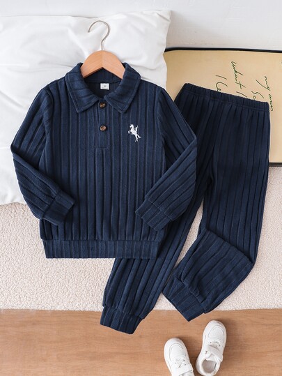 2pcs/Set Boys' Sweatshirt & Pants Set, Autumn/Winter New Knit Ribbed Ribbed Fabric Long Sleeve Polo Collar Sweatshirt & Long Pants Set, Comfortable Casual Outfit, Suitable For Daily Wear, Home Wear, Brother Outfit, Soft And Comfortable Fabric, Suitable For Autumn/Winter Wear, Suitable For Boys' Daily Wear