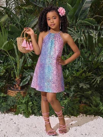 Kids Tween Girl Summer Vacation Cute Colorful Rainbow Striped Halter Neck Sleeveless Fitted Dress, Suitable For Beach, Sand, Sister Matching