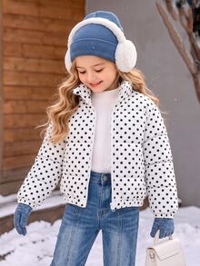 Elladie kids 女童秋冬黑白波點絎縫單針縫線立領前開拉鍊長袖短夾克，附側口袋，西式風格 - 白色 - 查看 10