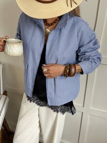 Dazy Tall 女款條紋寬鬆街頭休閒夾克 - 藍色 - 查看 4