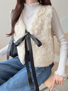 FRIFUL Women's Fashion Front Knot Faux Fur Vest - Apricot - View 6