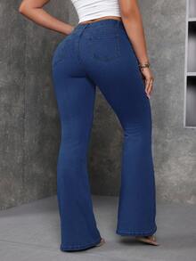 SHEIN ICON Celana Panjang Model Flare Kasual untuk Wanita Ukuran Plus - Medium Wash - View 2