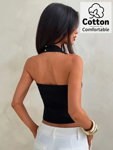 Aloruh Women's Solid Color Fitted Versatile Daily Wear Halter Top - Black - View 2