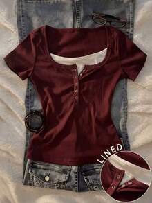 IslaSuriya Plus Size Women's 2-In-1 Short Sleeve Casual Top - Burgundy - View 1