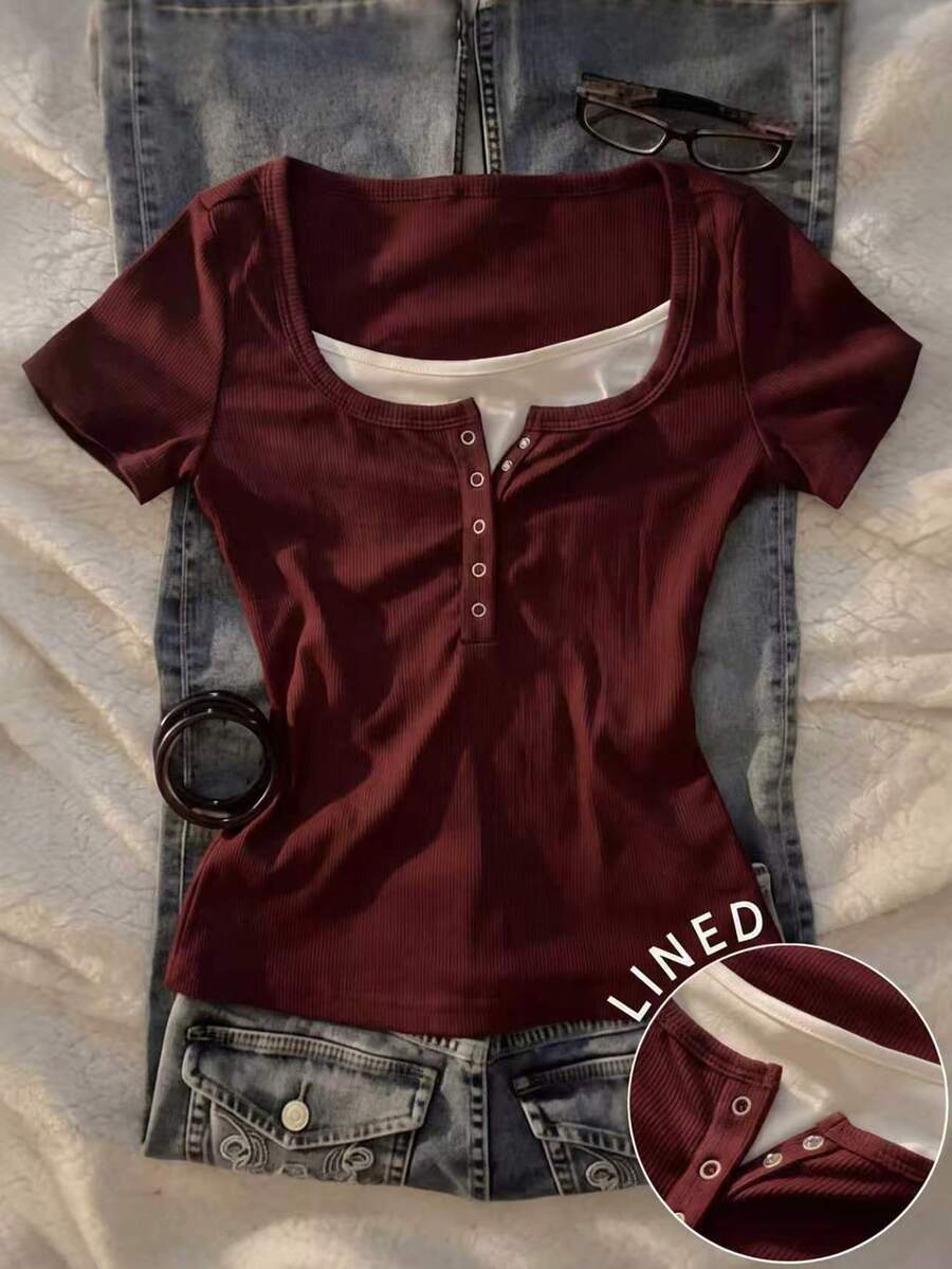 IslaSuriya Plus Size Women's 2-In-1 Short Sleeve Casual Top - Burgundy - View 1