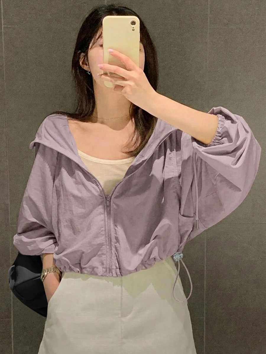 DAZY 休閒連帽輕量短版長袖女款襯衫 - 粉色 - 查看 1