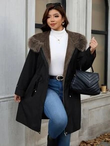 SHEIN Clasi Plus Size Women's Fur Collar Long Sleeve Drawstring Waist Casual Jacket - Black - View 5