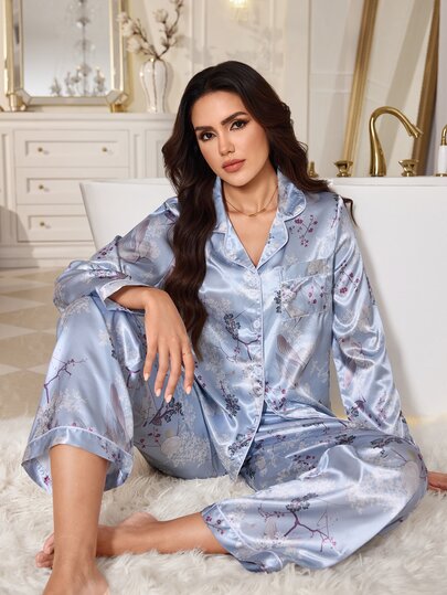 LuxeNights Printed Faux Silk Lapel Open Front Shirt Style Loungewear Pajama Set