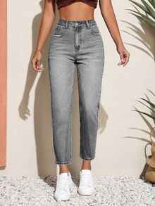 SHEIN PETITE 女款休閒百搭日常牛仔褲，附口袋與鈕扣設計 - 灰色 - 查看 8
