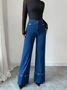 Elenzga Celana Jeans Denim Wanita Model Lebar, Longgar, Kasual, Serbaguna dengan Kantong - Dark Wash - View 4