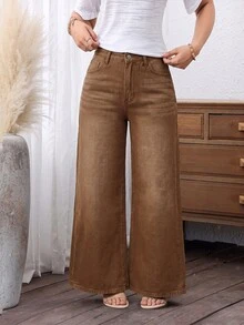 SHEIN PETITE 女款時尚百搭鈕扣口袋寬鬆寬腿牛仔褲 - 棕色 - 查看 1