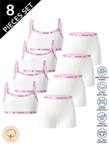 SHEIN 女童 4 件組內衣套裝，可追溯棉質細肩帶背心與四角內褲，純色，粉色、淺黃色、淺紫色、玫瑰紅，簡約風格 - 白色 - 查看 1