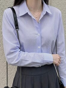 DAZY 女款條紋單排扣商務休閒長袖襯衫 - 紫色 - 查看 3
