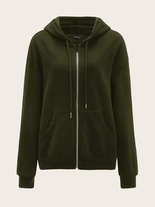 SHEIN BASICS 舒適抓絨落肩拉鍊連帽衛衣，秋冬長袖上衣 - 軍綠色 - 查看 2